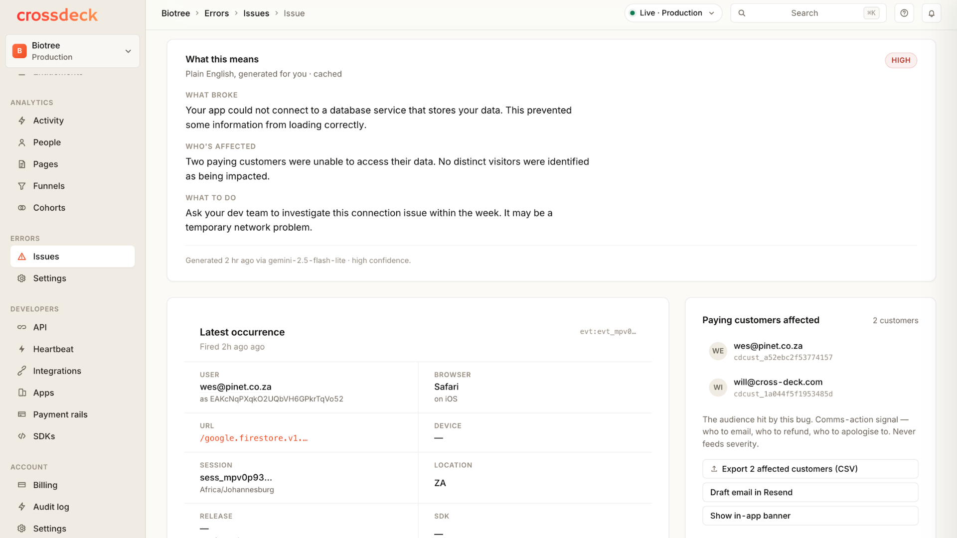 An error explained in plain English, with the paying customers it affected and one-click export, email and banner actions.