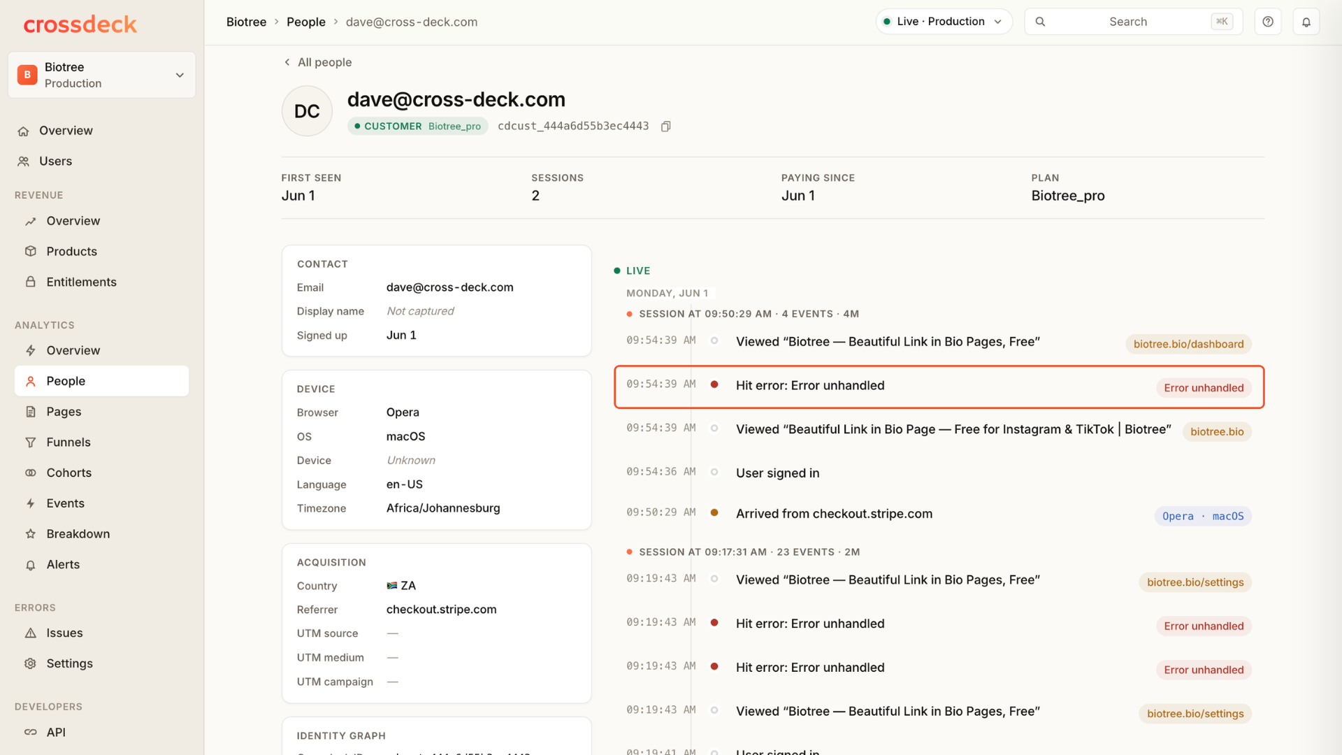 An error sitting inline in a customer's live event timeline.