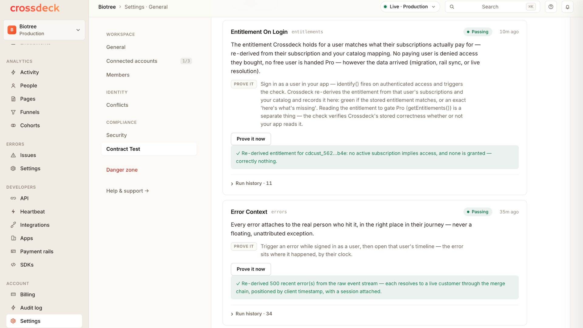 The Contract Test page — entitlement-on-login and error-context contracts Passing, each with a Prove it now button, re-derivation evidence and run history.
