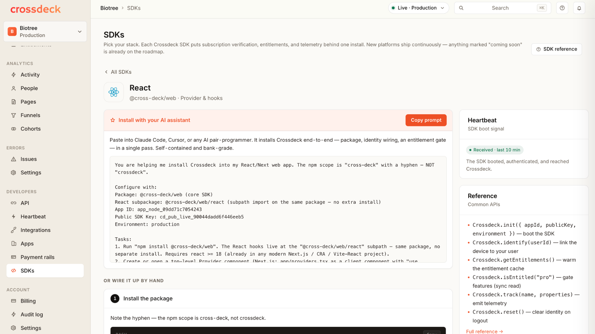 The Crossdeck SDKs page — one install, the core API surface, install-with-your-AI-assistant, and a live SDK heartbeat.