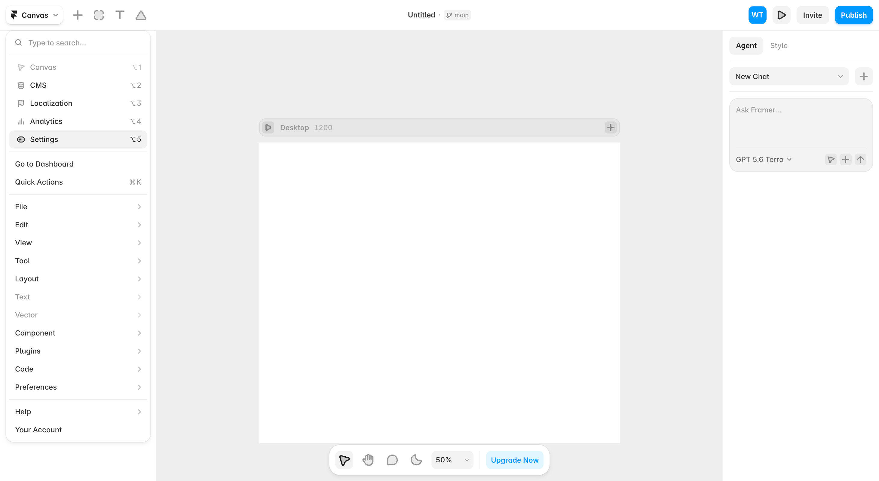 Framer editor top-left menu open, with Settings highlighted (shortcut Option-5).