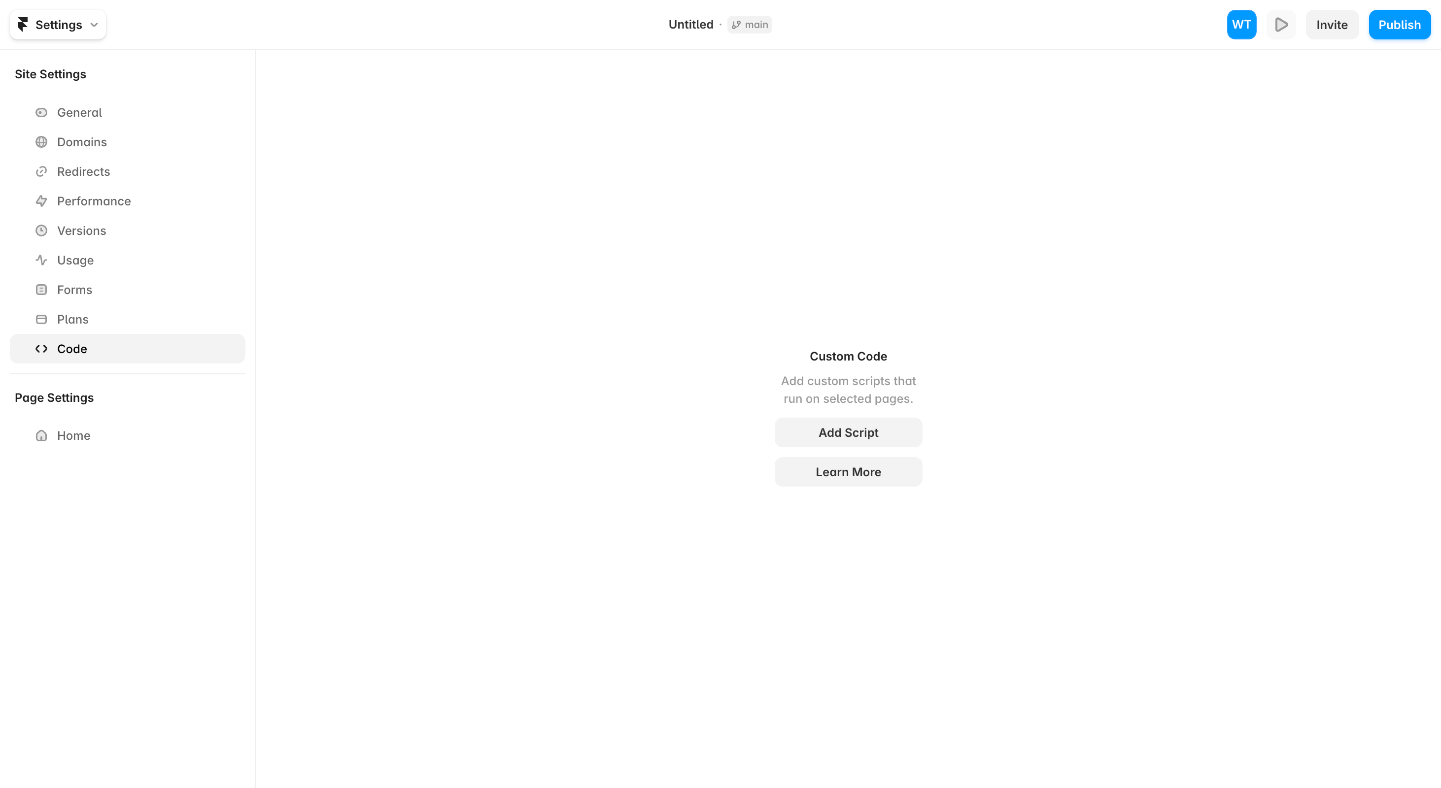 Framer Site Settings → Code panel, empty state, with an Add Script button.