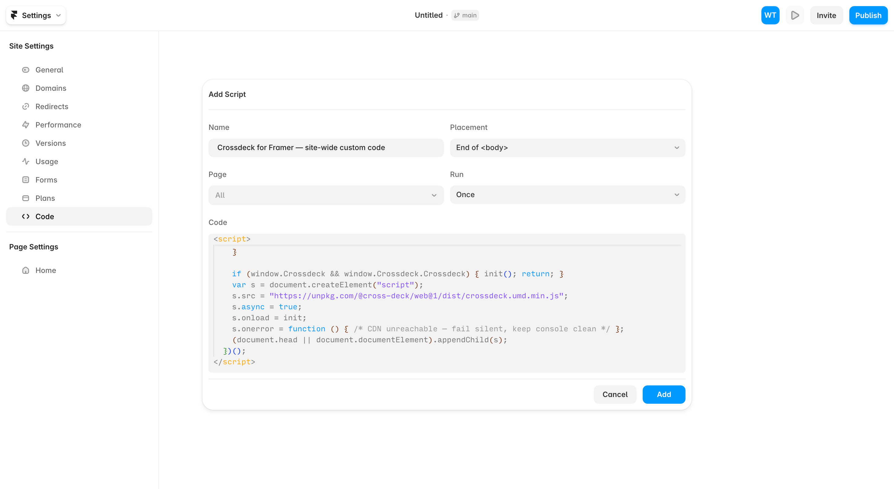 Framer Add Script dialog: Name, Placement End of body, Page All, Run Once, and the Crossdeck snippet pasted into the Code box.