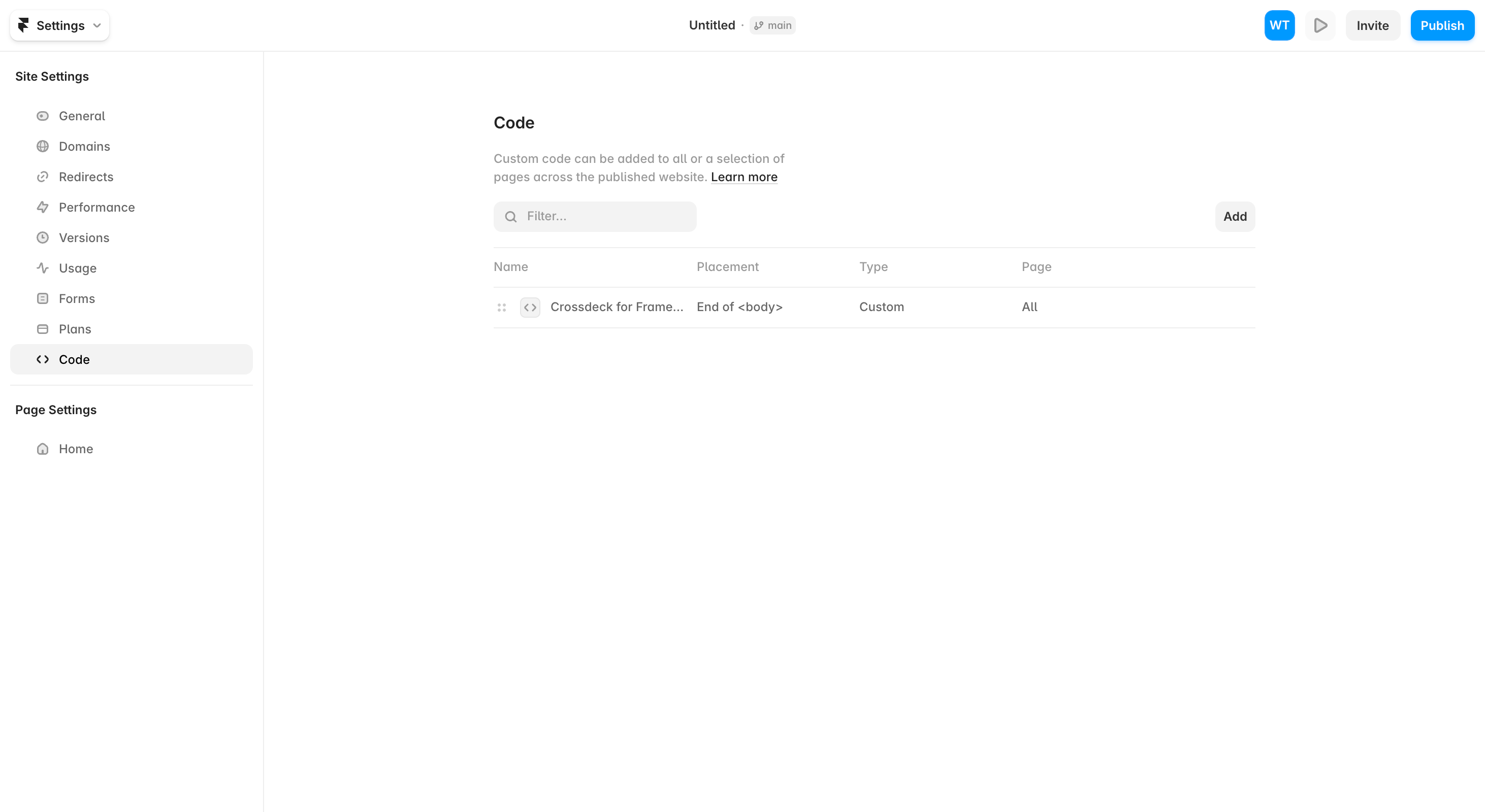 Framer Code panel listing the added Crossdeck script, placement End of body, applied to All pages.